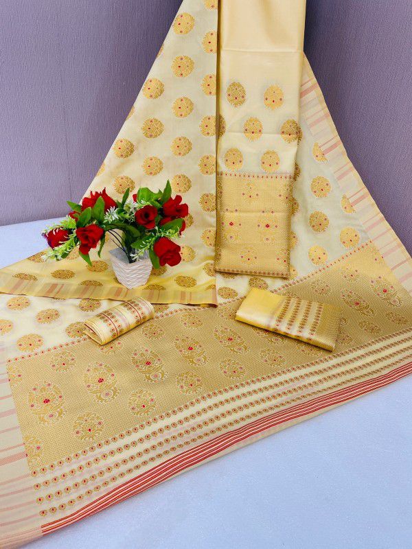 Embellished, Embroidered, Self Design, Woven Mekhela Chador Cotton Blend, Chanderi Saree  (Gold)