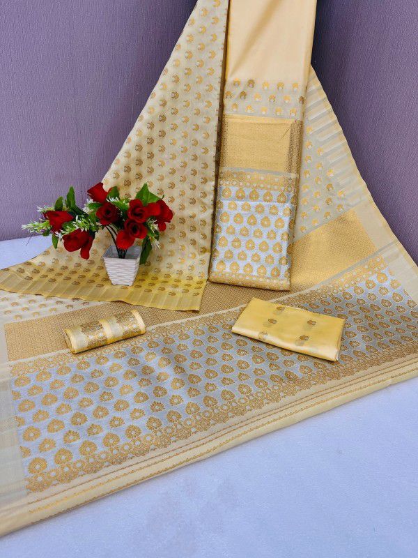 Embellished, Embroidered, Self Design, Woven Mekhela Chador Cotton Blend, Chanderi Saree  (Gold, White)