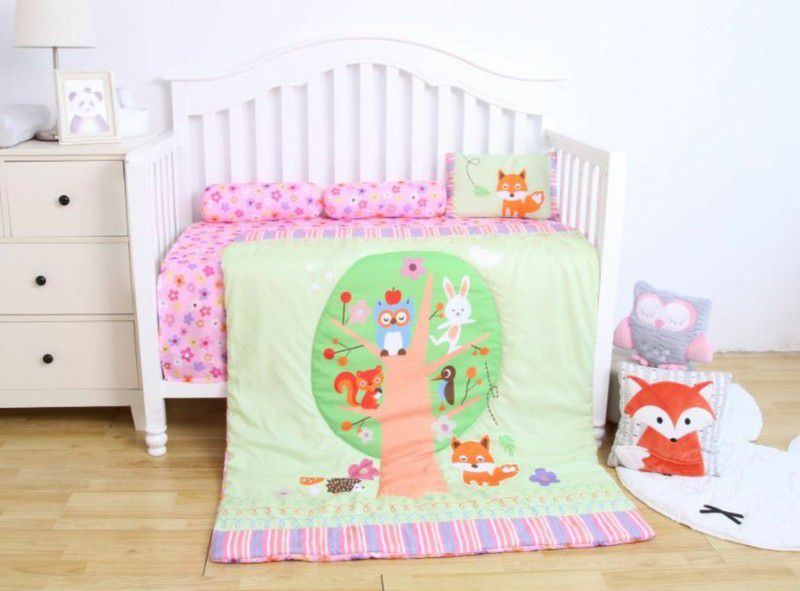 Petals Polyester Baby Bed Sized Bedding Set  (Green and Pink)
