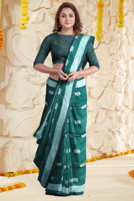 Self Design, Solid/Plain Handloom Cotton Blend Saree  (Dark Green)