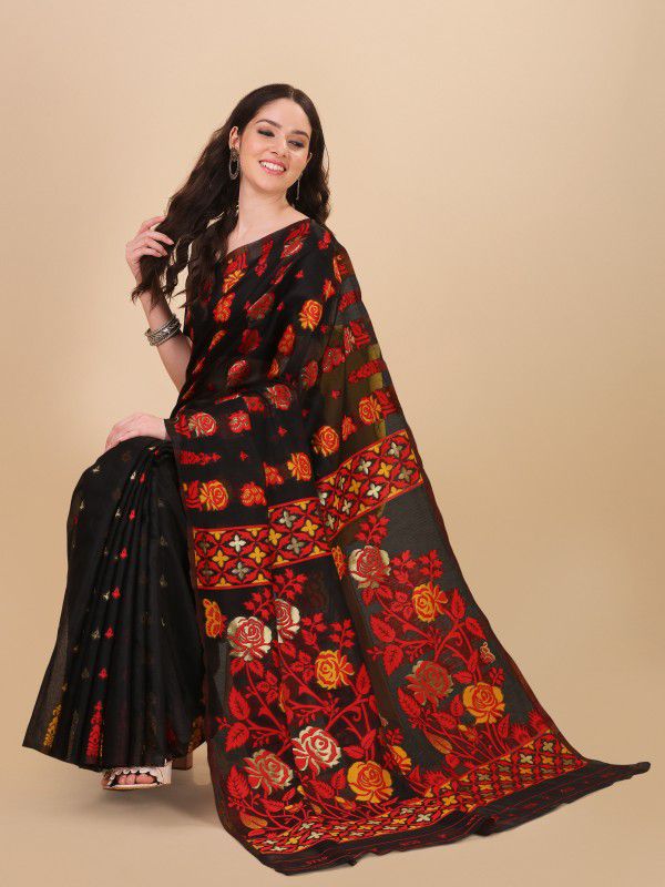 Woven Jamdani Cotton Linen Saree  (Black)