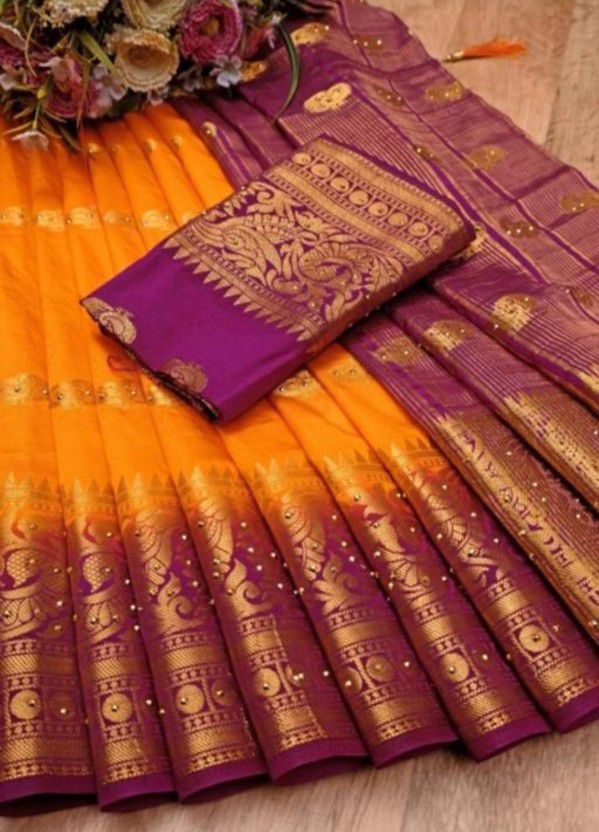 Woven, Dyed Banarasi Silk Blend Saree  (Orange)
