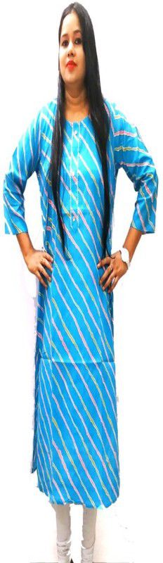 Women Leheriya Cotton Rayon A-line Kurta  (Light Blue)