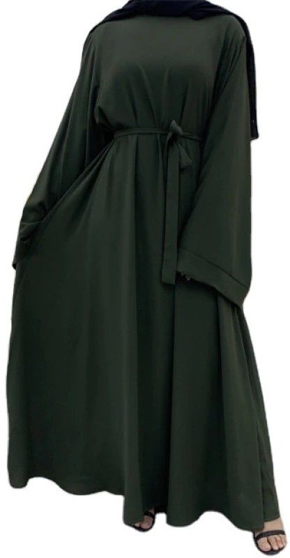 Plain Dubai Long Sleeves Muslim Women Islamic Dress With Belt Poly Silk Solid Abaya With Hijab  (Green)