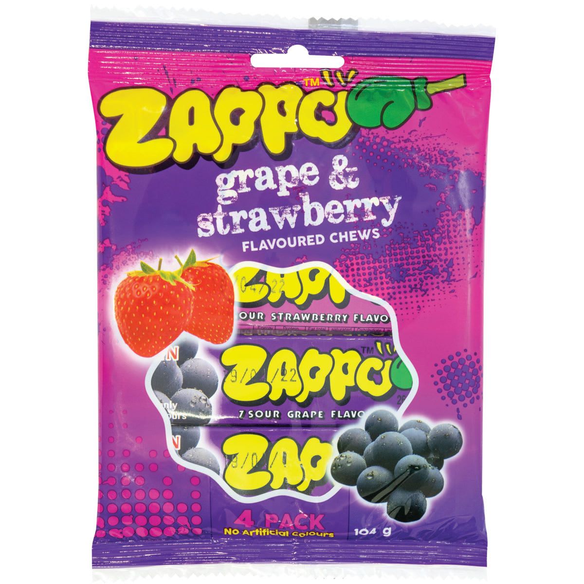 4 Pack Zappo Grape & Strawberry Flavoured Chews 104g