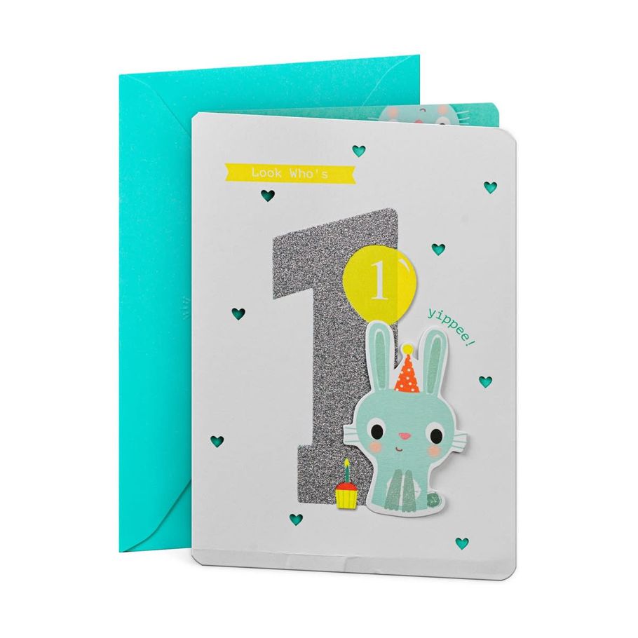 Hallmark 1st Birthday Card - Green Bunny
