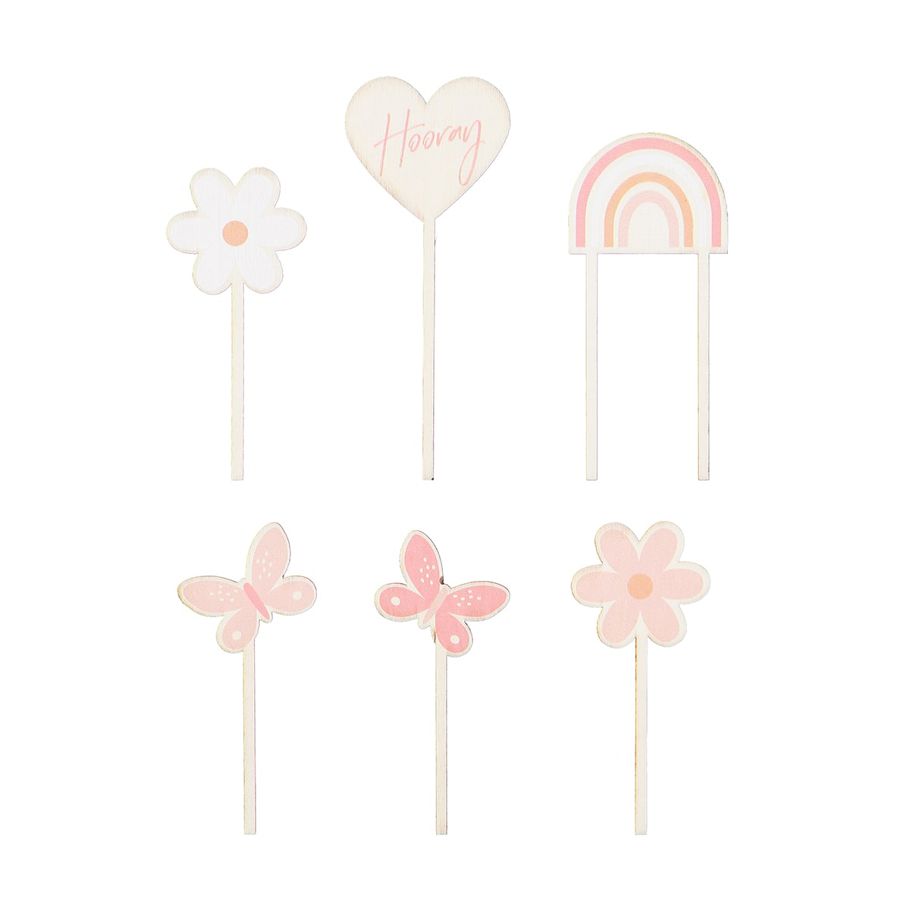 6 Piece Floral Rainbow Wooden Cake Topper