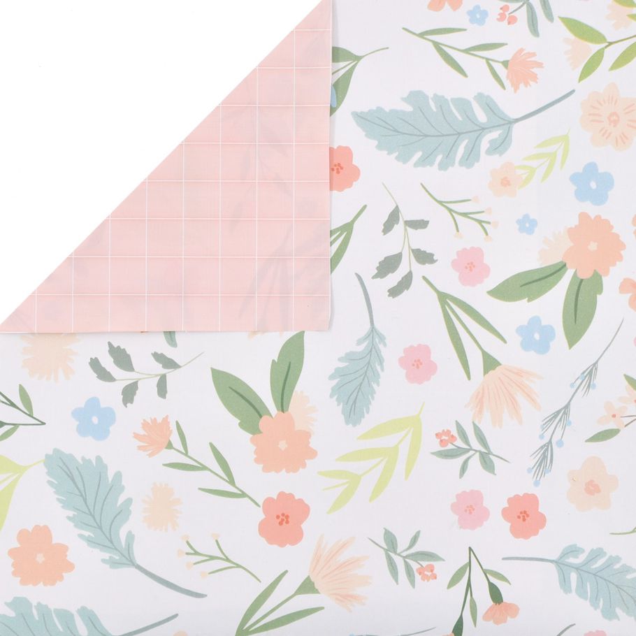Hallmark Double Sided Gift Wrap Roll - Pastel Floral and Pink Grid