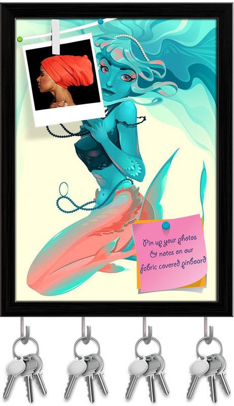 Artzfolio Portrait Of A Mermaid Pinboard with Key Holder Hooks Black Frame 12x16.4inch Cork Bulletin Board  (Multicolor 12 x 16.4 inch (30 x 42 cms))
