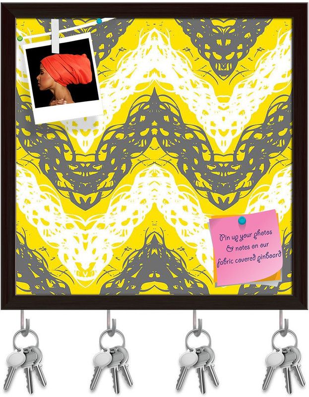 Artzfolio Brushed Zigzag Pinboard with Key Holder Hooks Dark Brown Frame 20x20inch Cork Bulletin Board  (Multicolor 20 x 20 inch (51 x 51 cms))