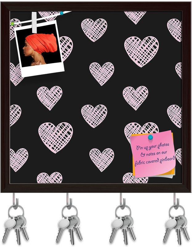 Artzfolio Blissful Hearts Pinboard with Key Holder Hooks Dark Brown Frame 20x20inch Cork Bulletin Board  (Multicolor 20 x 20 inch (51 x 51 cms))