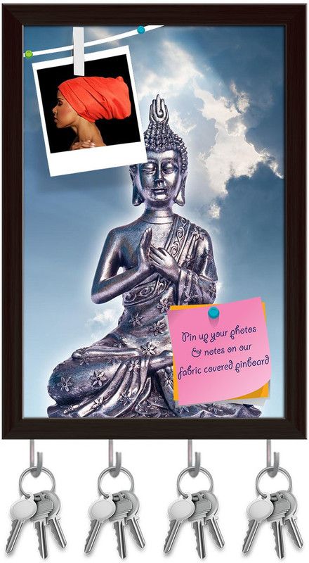 Artzfolio Lord Buddha D1 Pinboard with Key Holder Hooks Dark Brown Frame 6x8.5inch Cork Bulletin Board  (Multicolor 6 x 8.5 inch (15 x 22 cms))