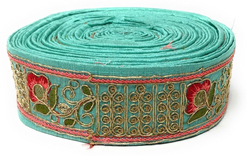 Inhika 9 Meters Lace Border Material, Gold Embroidered, Cotton Mix Fabric (2 inches Wide, Sea Blue) for saree dupatta lehenga blouse Lace Reel  (Pack of 1)