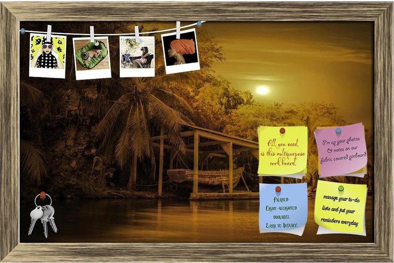 Artzfolio Sunset over Old Pirate Boat in Caribbean Bay Notice Pin Soft Board Cork Bulletin Board  (Antique Gold Frame 25 x 16 inch (64 x 41 cms))
