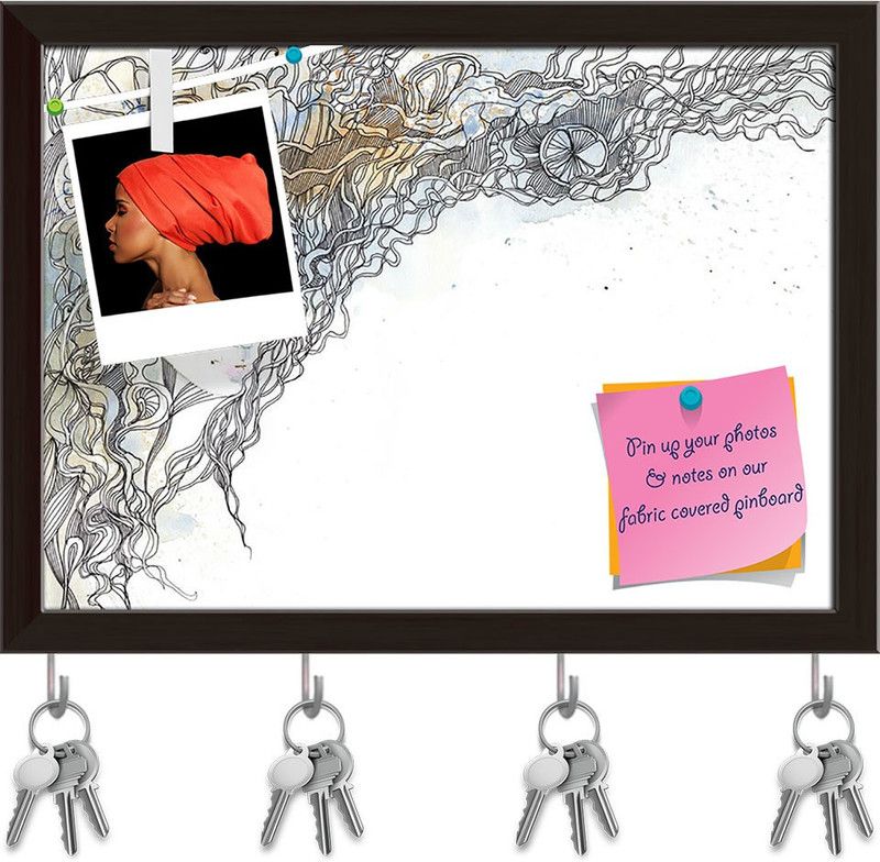 Artzfolio Woman With Ornate Hair D2 Pinboard with Key Holders Dark Brown Frame8x6inch Cork Bulletin Board  (Multicolor 8 x 6 inch (20 x 15 cms))