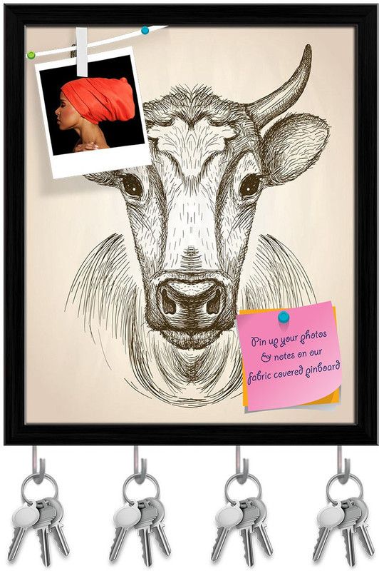 Artzfolio Cow Face Portrait Pin Board with Key Holder Hooks Black Frame 6x7inch (15x18cms) Cork Bulletin Board  (Multicolor 6 x 7 inch (15 x 18 cms))