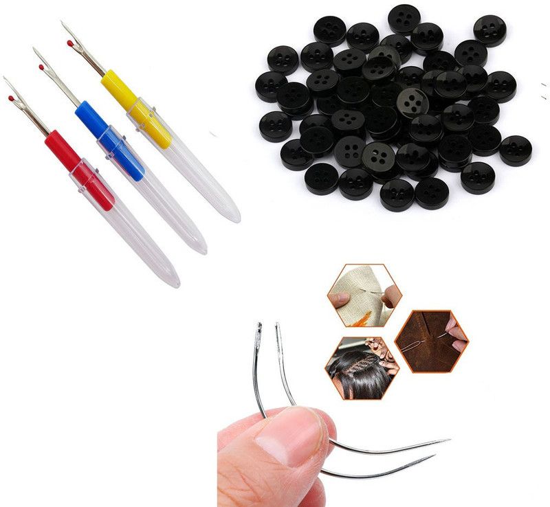 Crafts Haveli 3 Items Combo : 3 Seam Ripper, 2 Curved Needle & 20 Black Button Sewing Kit