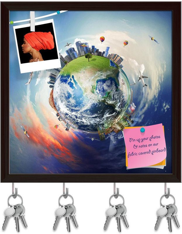 Artzfolio Modern World With Skyscraper Pinboard with Key Holders Dark Brown Frame20x20inch Cork Bulletin Board  (Multicolor 20 x 20 inch (51 x 51 cms))