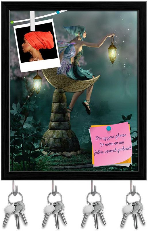 Artzfolio Little Pixie with a Lantern Sitting on Moon Pinboard & Key Hooks Black 10x12.3in Cork Bulletin Board  (Multicolor 10 x 12.3 inch (25 x 31 cms))