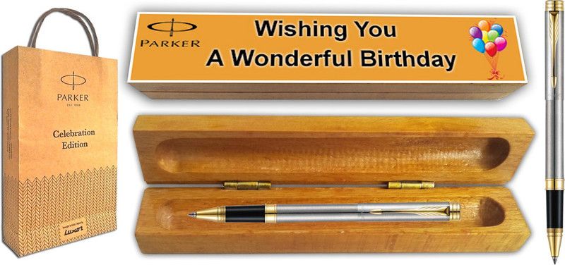 PARKER Folio S S Gold Trim Roller Pen With Wooden Birthday Wishing Gift Box Pen Gift Set  (Blue)