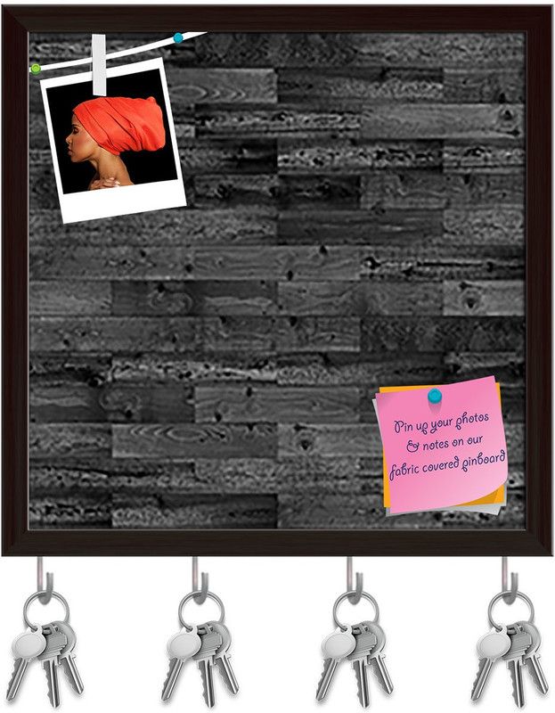 Artzfolio Dark Parquet Pinboard with Key Holder Hooks Dark Brown Frame 8x8inch (20x20cms) Cork Bulletin Board  (Multicolor 8 x 8 inch (20 x 20 cms))