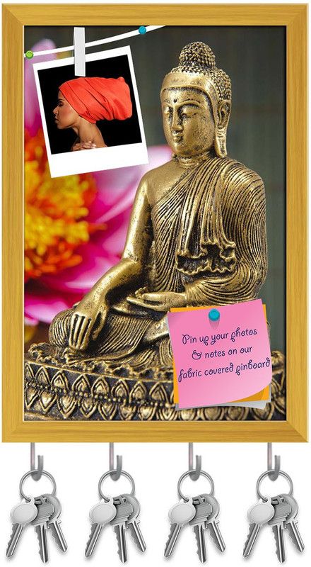 Artzfolio Chinese Buddha Art Pin Board with Key Holders Golden Frame 12x17.6inch Cork Bulletin Board  (Multicolor 12 x 17.6 inch (30 x 45 cms))