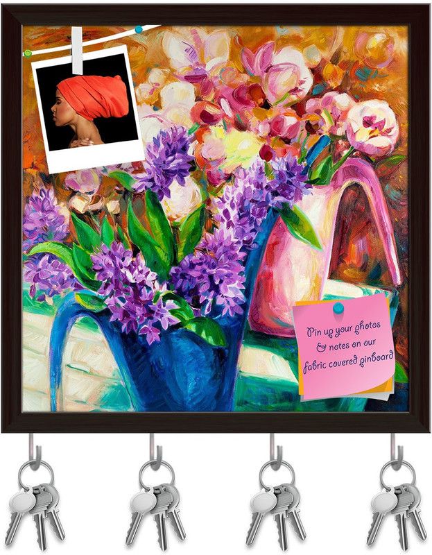 Artzfolio Bowl Of Fresh Flowers Pinboard with Key Holder Hooks Dark Brown Frame 8x8inch Cork Bulletin Board  (Multicolor 8 x 8 inch (20 x 20 cms))