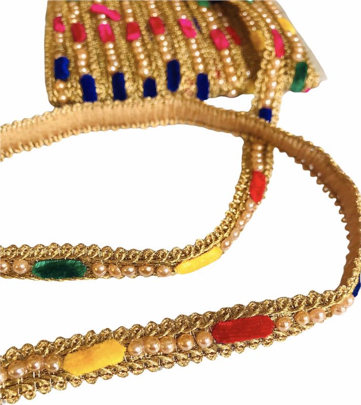 KFLACE LACE6 (9 Mts Roll 11mm Width) Zari Designer Lace With Multicolor Velvet & Stones / Daimond Handwork / Golden Jari / Use Saree, Bridal, Lehenga, Ribbon, Dupatta, Indian Trimmings, Dresses Suits, Reel (Pack Of 1) Lace Reel  (Pack of 1)