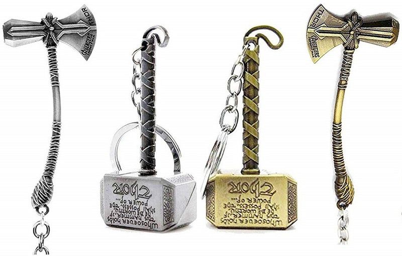 Wescon Avengers Real Superhero Combo of Thor Hammers Or Thor Stormbreakers Infinity Game Movie For Bikes,Cars ,Unisex -Pack of 4- Key Chain