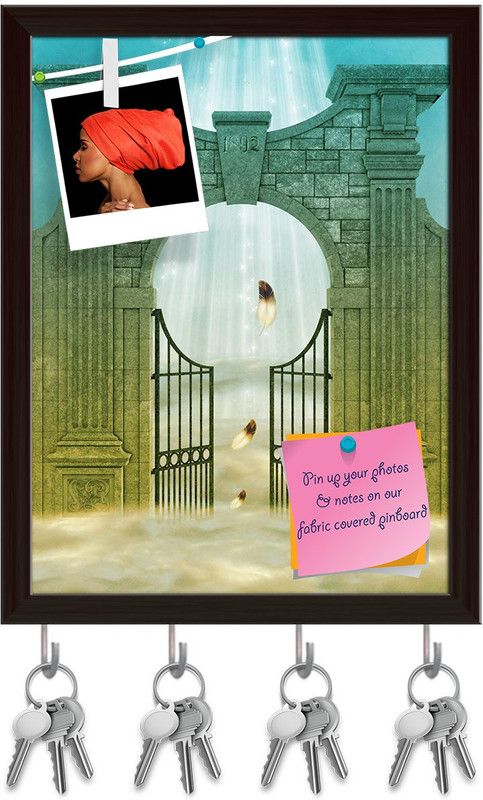 Artzfolio Heaven Door Pinboard with Key Holder Hooks Dark Brown Frame 6x7.7inch (15x20cms) Cork Bulletin Board  (Multicolor 6 x 7.7 inch (15 x 20 cms))