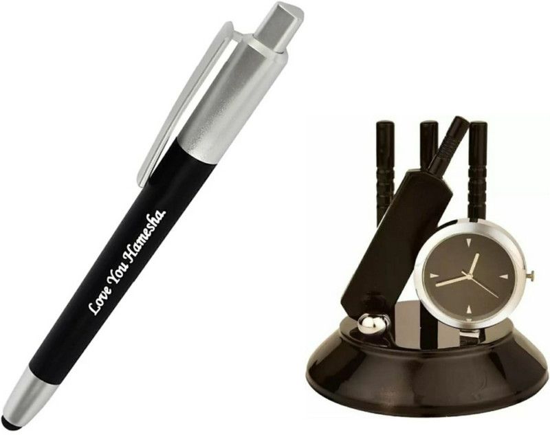 SMART WORLD BLACK colour LED light pen (Combo Set) for Offices,Study tables,living rooms-LOVE U HAMESHA engraved msg with (Black) CRICKET stand with unique Stumps,Bat,Ball designed Pen Gift Set  (Pack of 2, Blue)