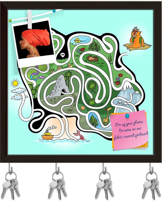 Artzfolio Maze Game For Kids Pinboard with Key Holder Hooks Dark Brown Frame 16x16inch Cork Bulletin Board  (Multicolor 16 x 16 inch (41 x 41 cms))