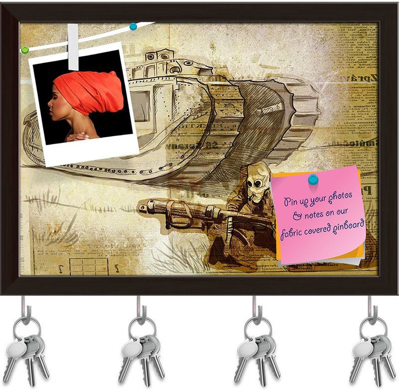Artzfolio Battle Pinboard with Key Holder Hooks Dark Brown Frame 13.7x10inch (35x25cms) Cork Bulletin Board  (Multicolor 13.7 x 10 inch (35 x 25 cms))