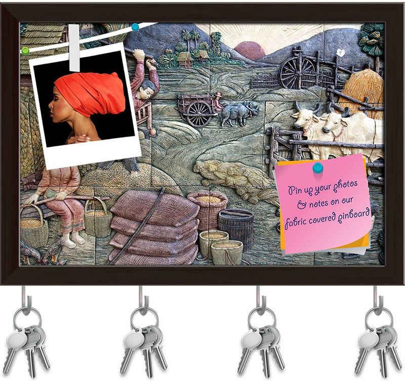 Artzfolio Thai Style Art D1 Pinboard with Key Holder Hooks Dark Brown Frame 8.5x6inch Cork Bulletin Board  (Multicolor 8.5 x 6 inch (22 x 15 cms))