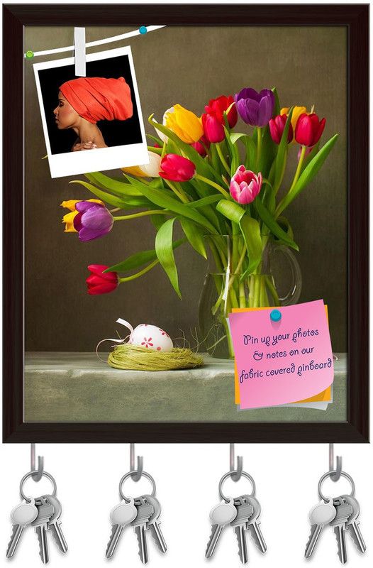 Artzfolio Tulips & Easter Eggs Pinboard with Key Holder Hooks Dark Brown Frame 8x9.6inch Cork Bulletin Board  (Multicolor 8 x 9.6 inch (20 x 24 cms))