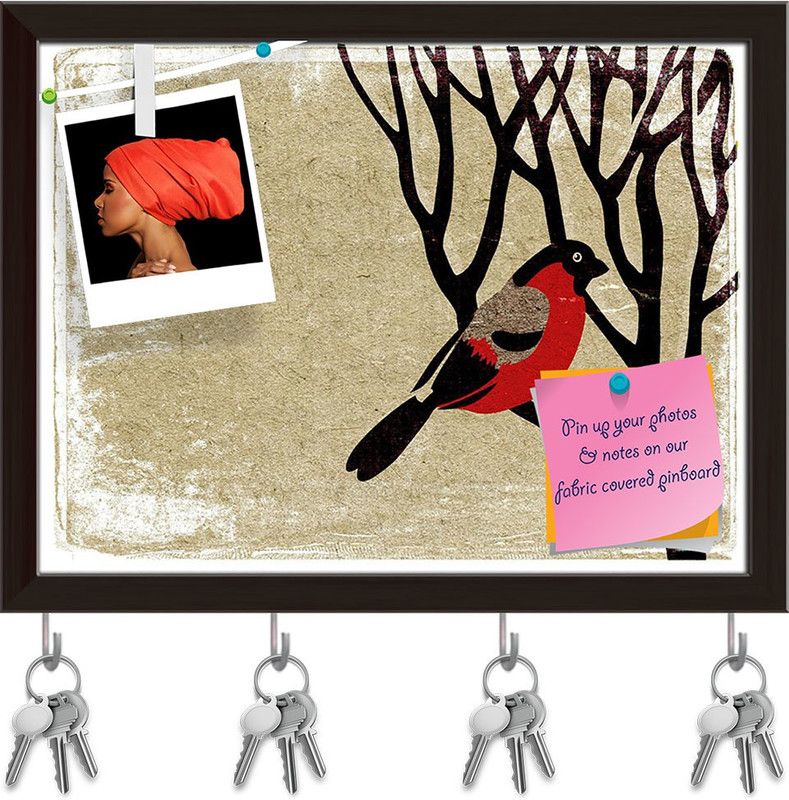 Artzfolio Bird On Tree Pinboard with Key Holder Hooks Dark Brown Frame 7.7x6inch Cork Bulletin Board  (Multicolor 7.7 x 6 inch (20 x 15 cms))