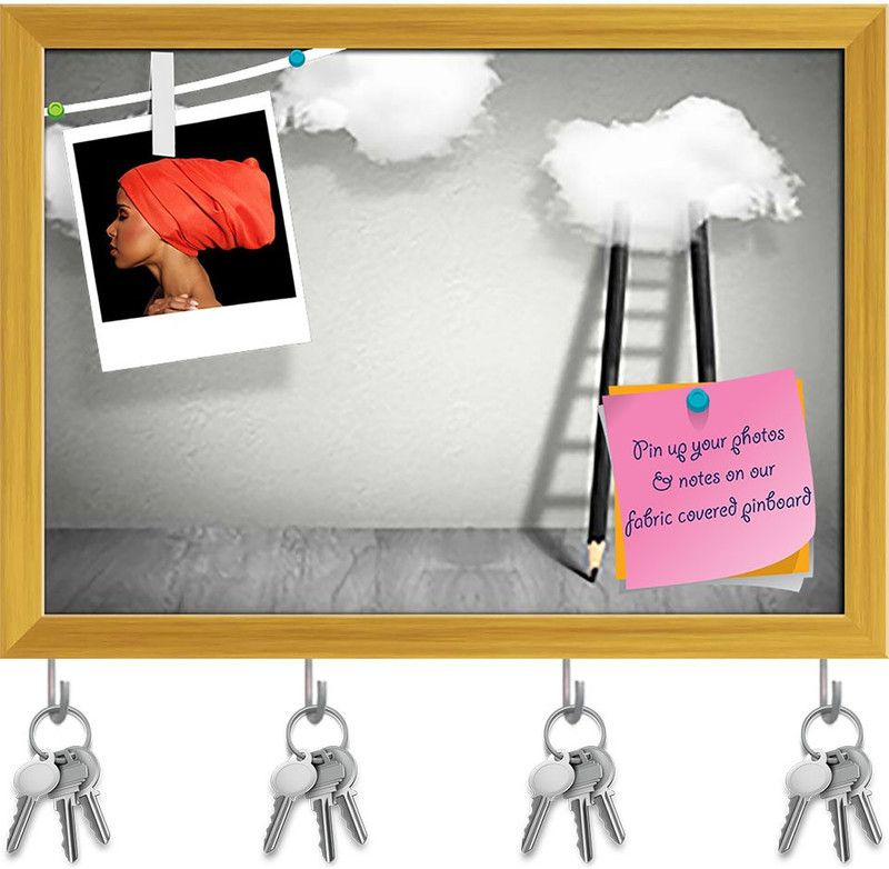 Artzfolio Pencil Ladder To Clouds Pin Board with Key Holders Golden Frame 8.1x6inch Cork Bulletin Board  (Multicolor 8.1 x 6 inch (21 x 15 cms))