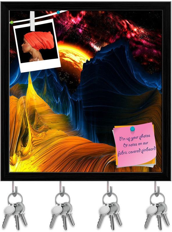 Artzfolio Alien Mountains With Space & A Red Yellow Planet Pinboard Black16x16.9in Cork Bulletin Board  (Multicolor 16 x 16.9 inch (41 x 43 cms))