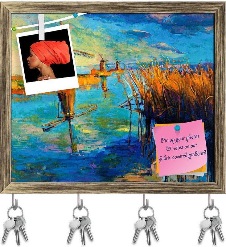 Artzfolio Beautiful Lake Sunset Landscape Pinboard & Key Hooks Antique Golden 19x16inch Cork Bulletin Board  (Multicolor 19 x 16 inch (48 x 41 cms))