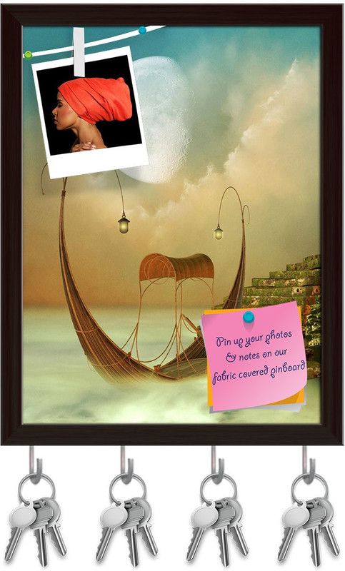 Artzfolio Fantasy Landscape With Boat Pinboard with Key Holders Dark Brown Frame6x7.7inch Cork Bulletin Board  (Multicolor 6 x 7.7 inch (15 x 20 cms))