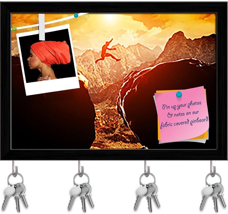 Artzfolio Two Rocky Mountains Pinboard with Key Holder Hooks Black Frame 14.5x10inch Cork Bulletin Board  (Multicolor 14.5 x 10 inch (37 x 25 cms))