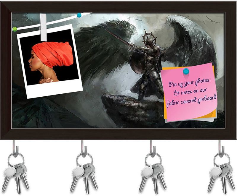 Artzfolio Fallen Angel D1 Pinboard with Key Holder Hooks Dark Brown Frame 17.5x10inch Cork Bulletin Board  (Multicolor 17.5 x 10 inch (44 x 25 cms))