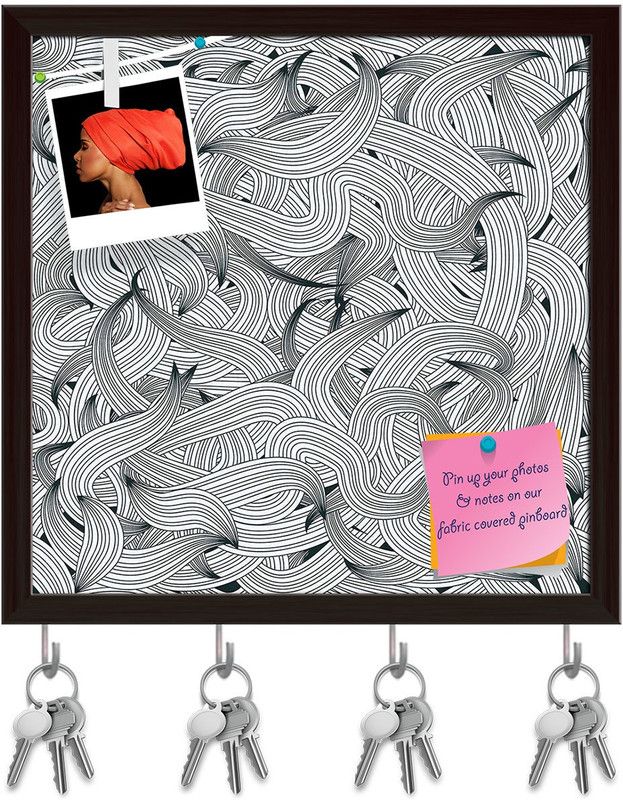 Artzfolio Hand-Drawn Waves D1 Pinboard with Key Holder Hooks Dark Brown Frame 8x8inch Cork Bulletin Board  (Multicolor 8 x 8 inch (20 x 20 cms))