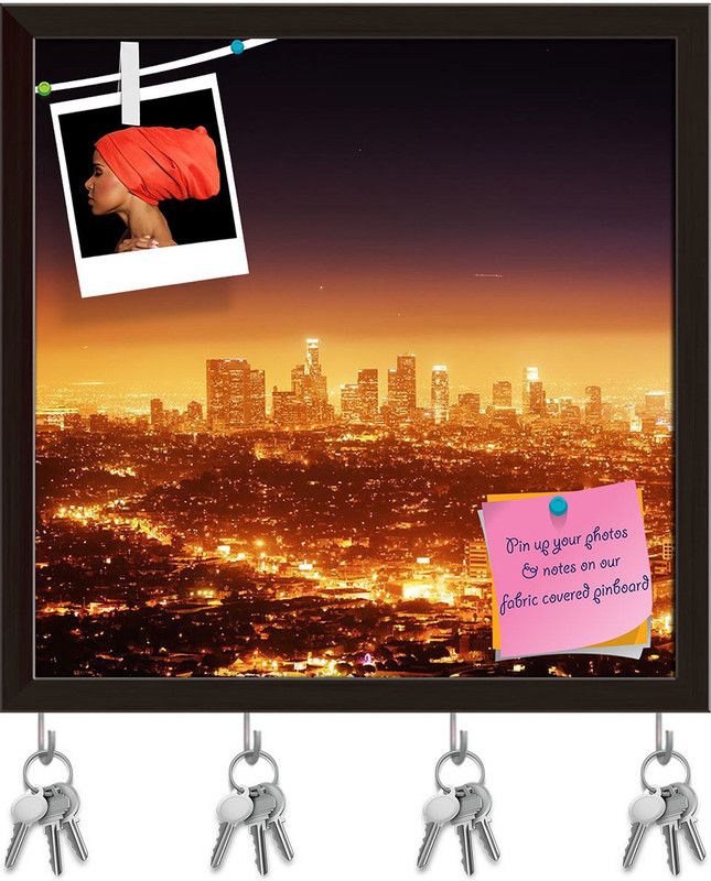 Artzfolio Los Angeles At Night, USA Pinboard with Key Holders Dark Brown Frame8x8inch Cork Bulletin Board  (Multicolor 8 x 8 inch (20 x 20 cms))