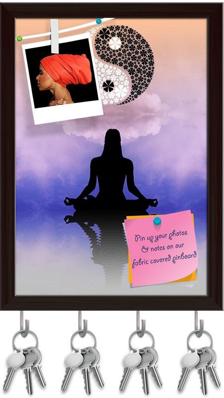 Artzfolio Yin Yang Pinboard with Key Holder Hooks Dark Brown Frame 10x14inch (25x36cms) Cork Bulletin Board  (Multicolor 10 x 14 inch (25 x 36 cms))