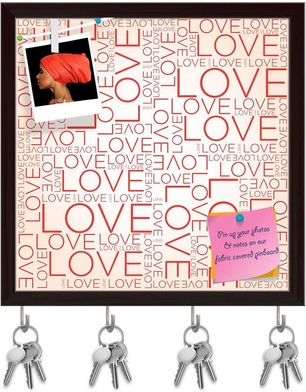 Artzfolio Love Word Collage Pinboard with Key Holder Hooks Dark Brown Frame 16x16inch Cork Bulletin Board  (Multicolor 16 x 16 inch (41 x 41 cms))