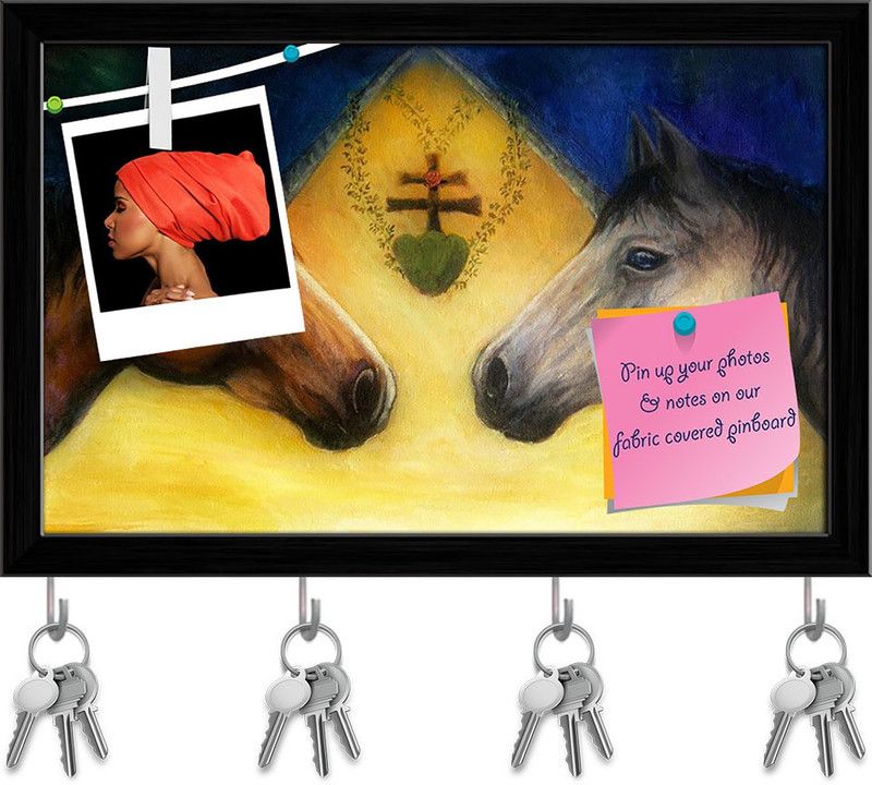 Artzfolio Two Horse Heads Pin Board with Key Holders Black Frame 12.2x8inch (31x20cms) Cork Bulletin Board  (Multicolor 12.2 x 8 inch (31 x 20 cms))