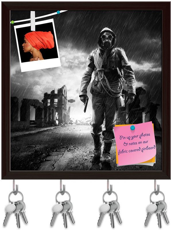Artzfolio A Lonely Hero Wearing Gas Mask Pinboard & Key Holders Dark Brown Frame16x16.8in Cork Bulletin Board  (Multicolor 16 x 16.8 inch (41 x 43 cms))