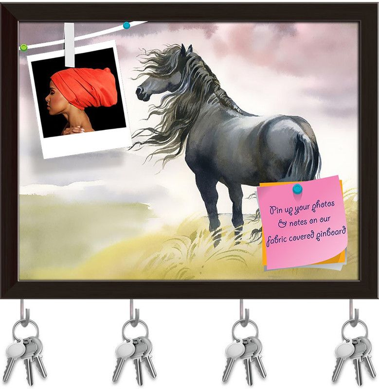 Artzfolio Black Horse In A Field Pinboard with Key Holders Dark Brown Frame12.8x10inch Cork Bulletin Board  (Multicolor 12.8 x 10 inch (33 x 25 cms))