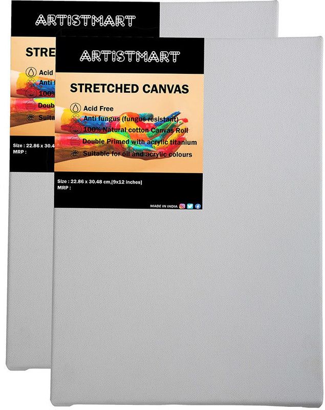 ARTISTMART 9x12 Inches White Cotton Medium Grain Stretched Canvas Board (Set of 2)  (White)